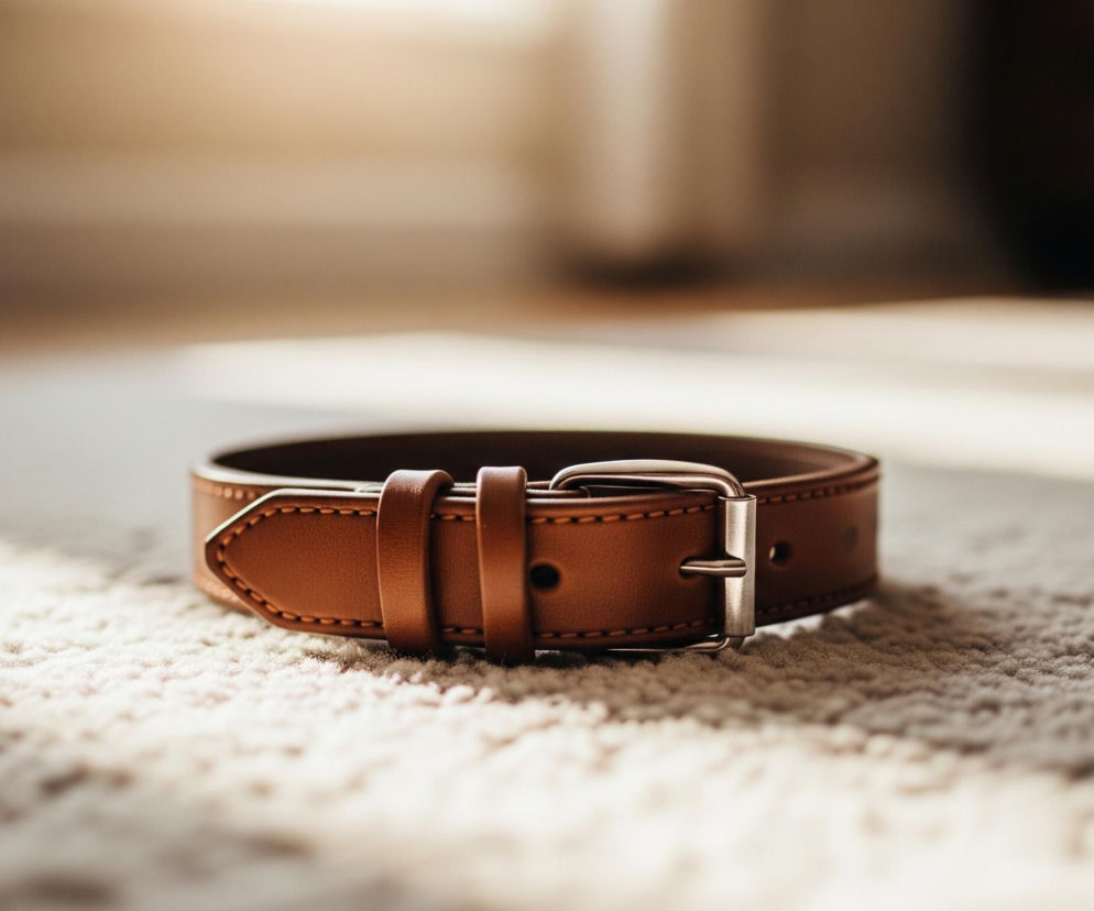Na zdjęciu widoczna jest brązowa, skórzana obroża dla zwierząt, leżąca na jasnym, puszystym dywanie. Obroża jest zwinięta w okrąg, a jej metalowa, srebrna klamra jest zapięta. Na obroży widoczne są precyzyjne, jasne szwy. W tle widać rozmyte, jasne światło wpadające zza okna, które oświetla fragment dywanu.