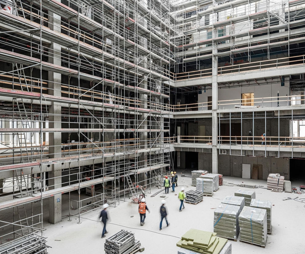 Wielopoziomowy, otwarty budynek w trakcie budowy wypełniają liczne, metalowe rusztowania, widoczne po lewej i częściowo na wprost, otaczające wewnętrzny dziedziniec. Na dziedzińcu, ułożone są stosy materiałów budowlanych oraz porusza się grupa ludzi w kaskach ochronnych i odblaskowych kamizelkach. Betonowe ściany i filary dominują w konstrukcji, a drewniane barierki częściowo ograniczają poziomy.