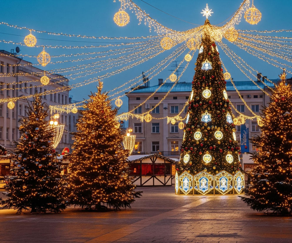 Rynek miejski rozświetlony jest licznymi ozdobami świątecznymi w wieczornej scenerii. Centralnie umieszczona jest duża, wysoka choinka, bogato udekorowana świecącymi kulami w odcieniach czerwieni i złota, a także jasnymi, geometrycznymi ornamentami i zwieńczona dużą, świecącą gwiazdą. Dookoła niej, a także po bokach placu, rozmieszczone są mniejsze choinki, również gęsto oplecione ciepłymi, złotymi lampkami. Ponad całą sceną, między budynkami, rozciągają się sznury światełek, z których zwisają duże, okrągłe, ażurowe kule świetlne, tworząc wrażenie rozgwieżdżonego nieba. Po bokach widoczne są również drewniane budki jarmarku świątecznego, z których wnętrza wydobywa się ciepłe, żółte światło.