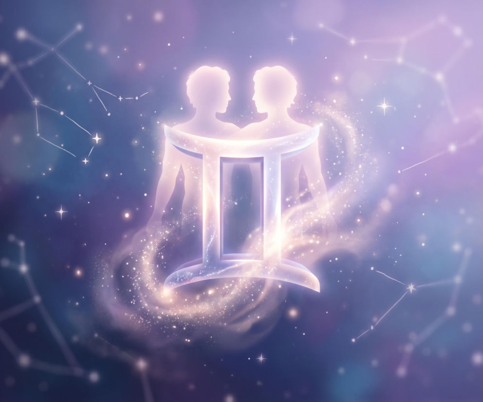 Świecący symbol znaku zodiaku Bliźnięta na tle konstelacji gwiazd. O horoskopie dla Bliźniąt przeczytasz na Eska.