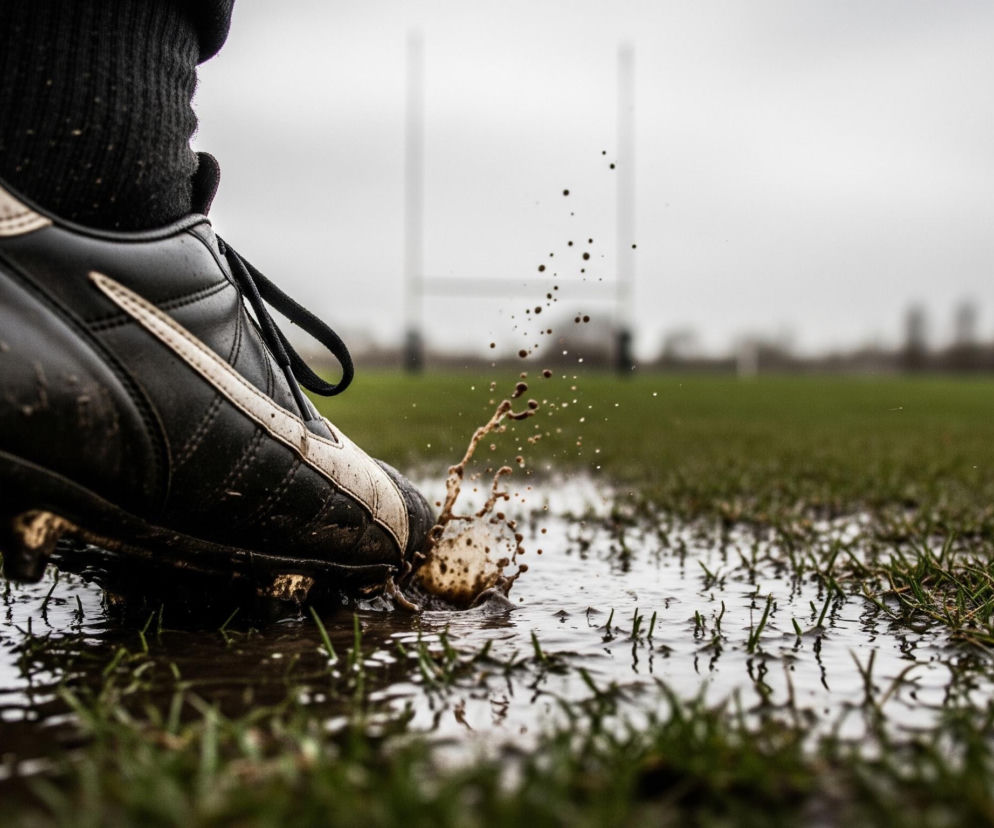 Czarny but sportowy z białymi elementami i metalowymi korkami uderza w kałużę wody zmieszanej z błotem na zielonej trawie. Krople brudnej wody i błota rozpryskują się dookoła buta, który jest zabłocony. W tle, na lekko rozmytej płaszczyźnie, widoczne są białe słupki bramki sportowej oraz szare, pochmurne niebo.