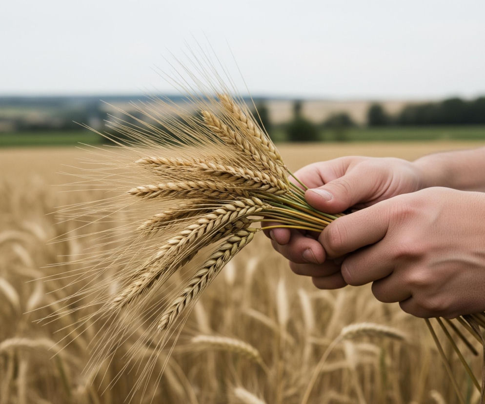 Dłonie osoby trzymają pęk kłosów zboża na tle rozległego pola. Kłosy są dojrzałe, mają jasnozłoty kolor i długie ości. Prawa dłoń, częściowo zakryta przez lewą, mocno ściska zielone łodygi u nasady. W tle rozciąga się niewyraźne pole dojrzałego zboża o podobnej barwie, a za nim widać zielony pas drzew i zamglone, jasne niebo.