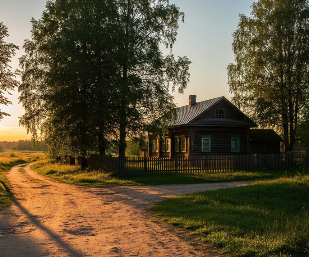 Przedstawiony obraz ukazuje wiejską scenę o zachodzie słońca. W centrum kadru znajduje się drewniany dom z brązowymi ścianami i dwoma oknami z zielonymi ramami, otoczony drewnianym płotem. Po lewej stronie, zza gęstych drzew, intensywne, złote słońce świeci poziomo, tworząc długie cienie i oświetlając piaszczystą drogę, która wije się od lewej dolnej części obrazu w głąb pola po prawej stronie. Otoczenie stanowią bujne, zielone drzewa i trawy, które miejscami są rozświetlone złotymi promieniami zachodzącego słońca, a miejscami pozostają w głębokim cieniu.