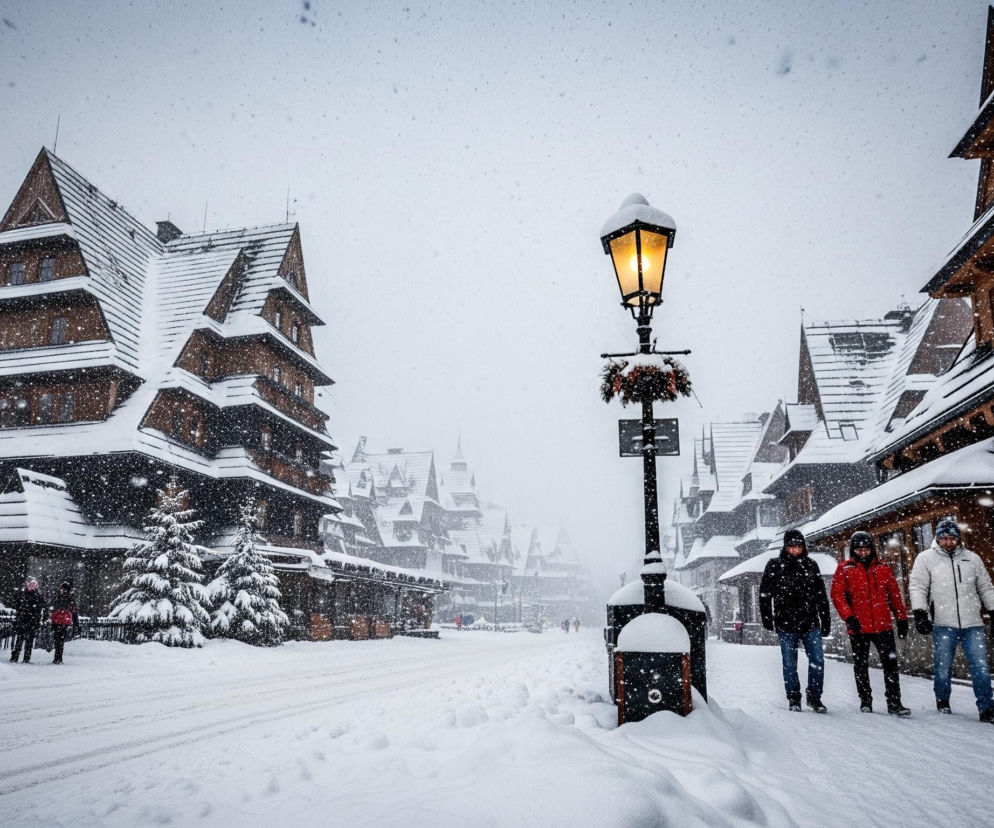 Śnieg gęsto pada na ulicę i drewniane budynki po obu stronach kadru, tworząc zimowy pejzaż. W centrum obrazu znajduje się czarna latarnia z ciepłym, żółtym światłem, pokryta śniegiem i ozdobiona zielono-czerwonym stroikiem. Po prawej stronie latarni, na zaśnieżonym chodniku, stoją trzej mężczyźni w zimowych kurtkach – jeden w czarnej, drugi w czerwonej, a trzeci w jasnoszarej. Po lewej stronie latarni, w tle, widoczne są również inne sylwetki ludzi idących zaśnieżoną ulicą, która prowadzi w głąb kadru.