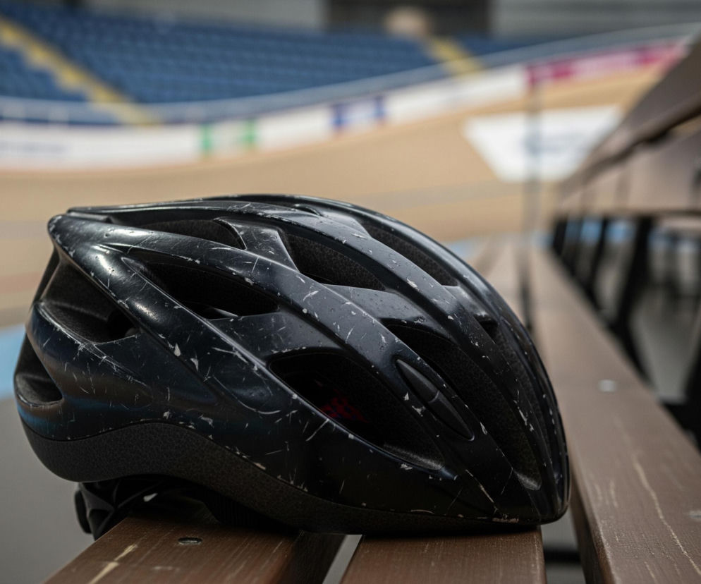 Czarny kask rowerowy z licznymi białymi zadrapaniami i przetarciami leży na brązowej ławce. W tle widać rozmazane, niebieskie siedzenia stadionu i beżowy tor z czerwonymi, białymi oraz niebieskimi liniami, sugerującymi welodrom. Po prawej stronie kadru, również rozmazane, widoczne są kolejne brązowe ławki.