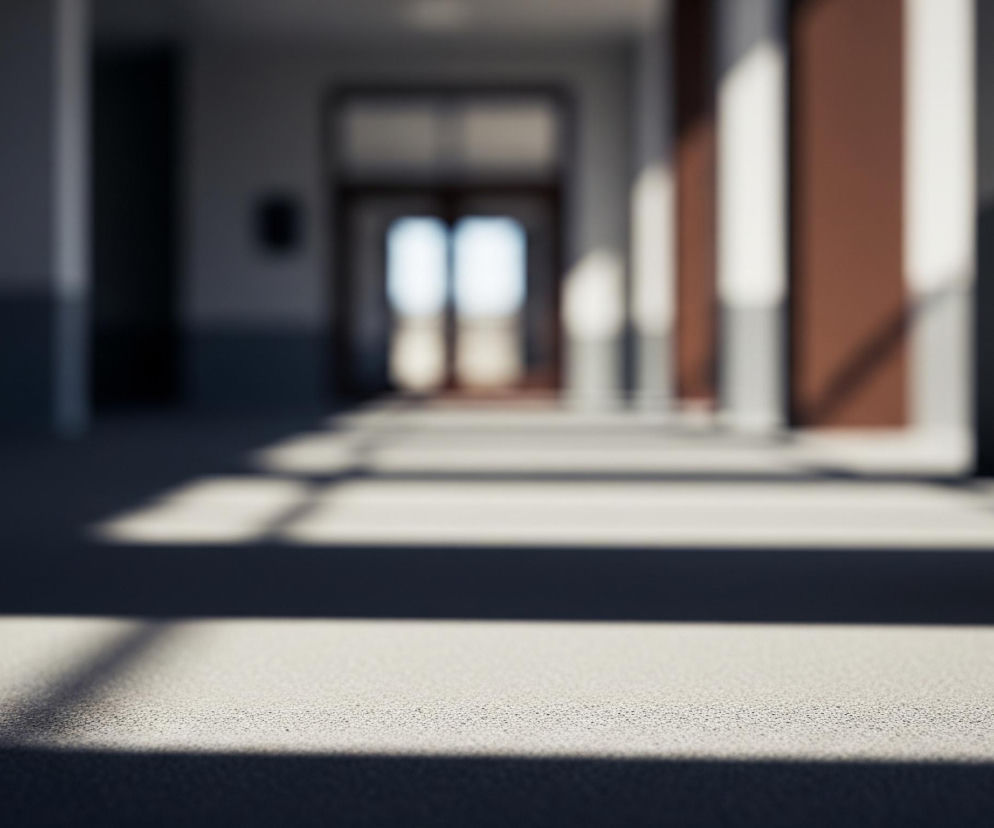 Na pierwszym planie widoczna jest jasnoszara, ziarnista powierzchnia, częściowo oświetlona promieniami słońca tworzącymi wyraźne geometryczne cienie. Obraz przedstawia długi korytarz z rzędami filarów po obu stronach, których ciemne cienie rozciągają się na podłodze. W tle, w oddali, widać otwarte drzwi lub przejście z rozmazanym jasnym światłem wpadającym z zewnątrz, sugerującym wyjście. Całość jest rozmyta w oddali, z ostrym fokusem na pierwszym planie, podkreślając perspektywę i głębię przestrzeni.