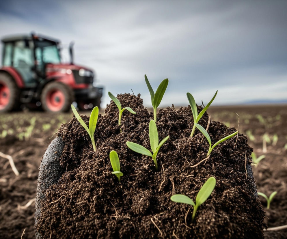 Duże zbliżenie na świeżo wyrosłe, jasnozielone siewki w ciemnej, żyznej ziemi, umieszczone w pierwszym planie, lekko po prawej stronie. Za nimi rozciąga się rozległe pole uprawne, również z drobnymi, zielonymi roślinkami w rzędach. W tle, rozmyty i nieostry, widoczny jest czerwony traktor z osprzętem, a nad nim rozpościera się częściowo zachmurzone niebo, z przewagą jasnych i ciemniejszych szarości.