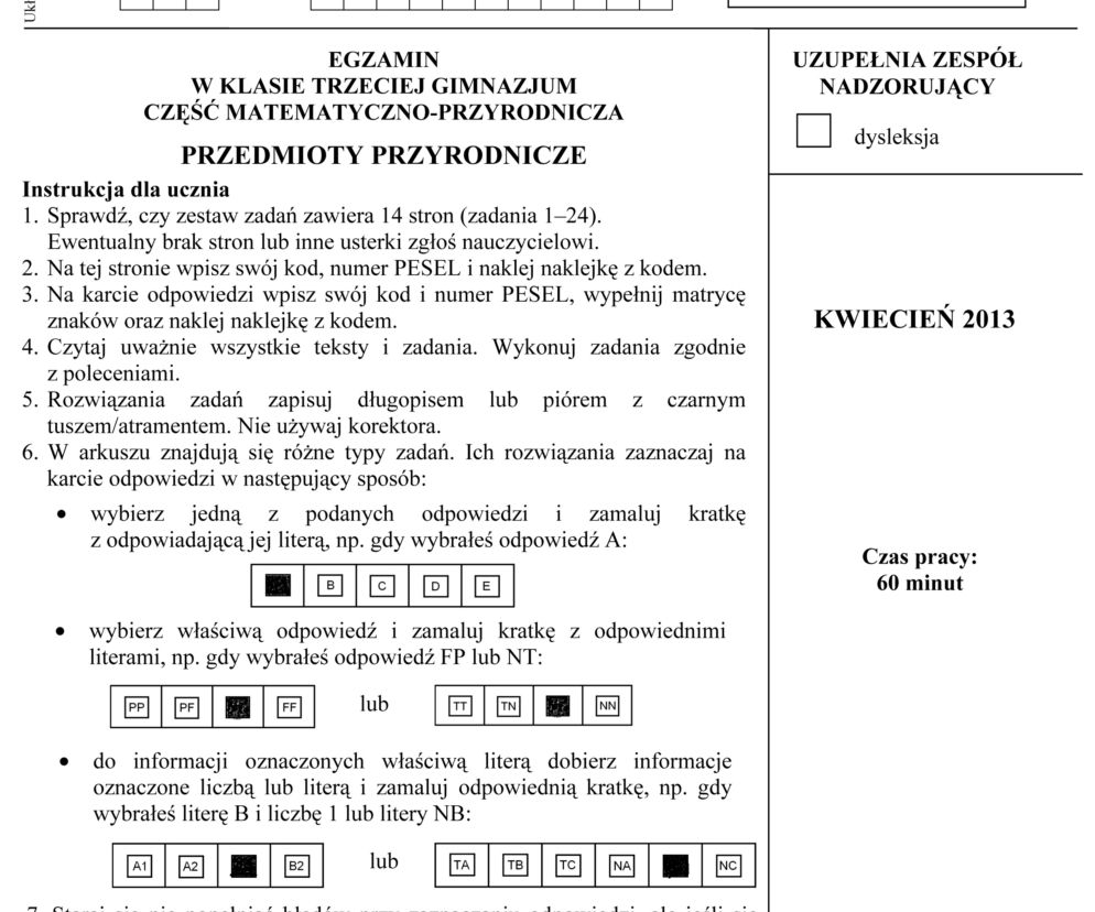 EGZAMIN GIMNAZJALNY 2013 PRZEDMIOTY PRZYRODNICZE - ARKUSZE, ODPOWIEDZI