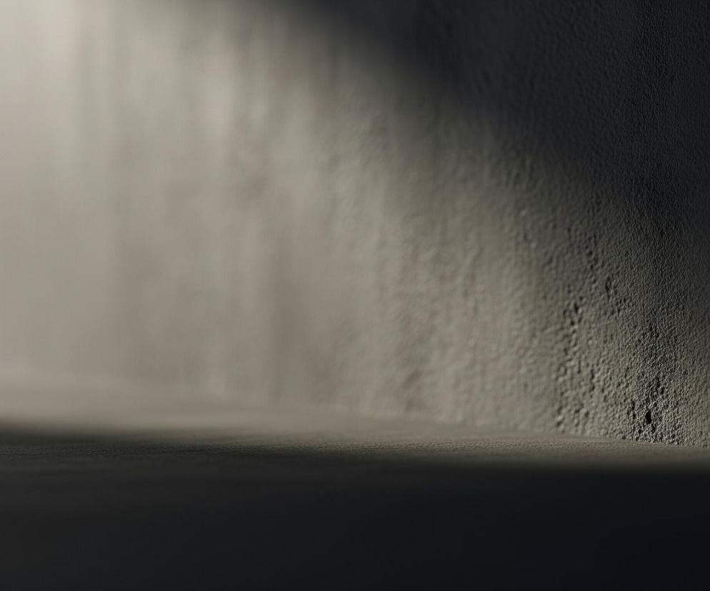 Pionowa powierzchnia, przypominająca ścianę, rozciąga się przez całą szerokość obrazu. Na jej jasnoszarej, gładkiej, rozmytej lewej stronie pada światło, przechodząc stopniowo w ciemniejszy, wyraźnie teksturowany obszar po prawej stronie. Tekstura charakteryzuje się licznymi, drobnymi nierównościami i ciemniejszymi plamkami, rzucającymi drobne cienie, co sugeruje szorstką, porowatą powierzchnię. Pod nią znajduje się pozioma, ciemna płaszczyzna, stanowiąca podłogę lub podstawę, na którą pada rozmazany cień z lewej strony.