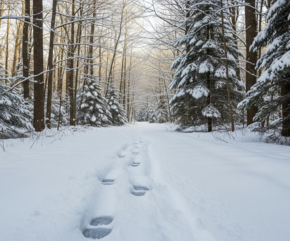 Zasypany śniegiem las, ukazany w ujęciu perspektywicznym, z widocznym śladem ludzkich stóp prowadzącym w głąb obrazu. Śnieżna ścieżka rozciąga się od pierwszego planu, gdzie widoczne są wyraźne odciski butów, aż do oddalonych drzew. Po obu stronach ścieżki rosną liczne drzewa, zarówno iglaste, pokryte grubą warstwą białego puchu, jak i liściaste z nagimi gałęziami. Tło obrazu jest jaśniejsze, sugerując delikatne światło słoneczne przebijające się przez gałęzie.