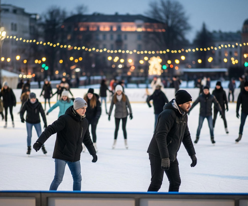 Na lodowisku pod otwartym niebem ślizga się wiele osób, a pierwsze trzy postaci są widoczne na pierwszym planie od lewej: kobieta w czarnej kurtce i szarej czapce, młody mężczyzna w czarnej kurtce i jasnej czapce oraz drugi mężczyzna w ciemnej kurtce i czarnej czapce, noszący wzorzyste rękawiczki. Za nimi, na tafli lodu, poruszają się inne, rozmyte postaci, niektóre z nich to dzieci, w tym jedno w różowej kurtce. W tle widać miejski krajobraz z budynkami i drzewami, oświetlony rzędem ciepłych, żółtych światełek zawieszonych nad lodowiskiem, tworzących świąteczny nastrój. Cała scena rozgrywa się o zmierzchu, z niebieskawo-szarym niebem nad całością.