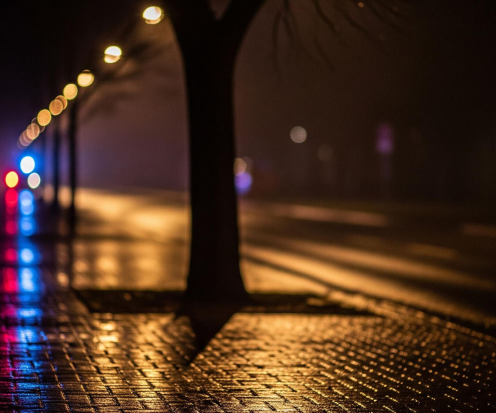 Ciemna nocna scena przedstawia miejski krajobraz, gdzie brukowany chodnik po lewej i asfaltowa droga po prawej są mokre i odbijają światła. W centrum kadru stoi ciemny, pozbawiony liści pień drzewa, rozmyty na tle otoczenia. Po lewej stronie, wzdłuż chodnika, ciągnie się rząd żółtych świateł ulicznych oraz intensywne, rozmyte światła w kolorach czerwonym i niebieskim, odbijające się wyraźnie na mokrej nawierzchni. Po prawej stronie, w oddali, widoczne są pojedyncze, rozmyte jasne punkty świetlne na tle ciemności.