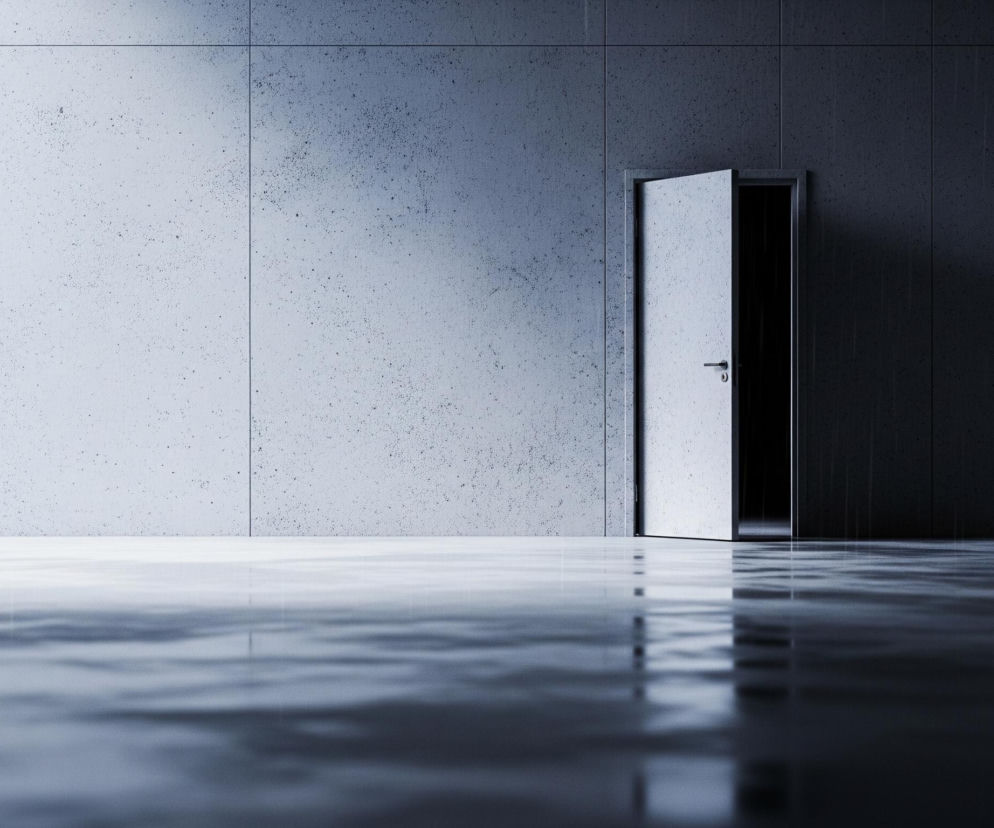 Prawie całkowicie szare pomieszczenie z drzwiami otwartymi na ciemne wnętrze, zajmuje centralne miejsce. Ściana i podłoga są wykonane z betonu z widoczną teksturą, na ścianie jaśniejszą z lewej strony, a ciemniejszą z prawej. Podłoga odbija światło, tworząc nieregularne, rozmyte refleksy. Całe pomieszczenie jest oświetlone z lewej strony.