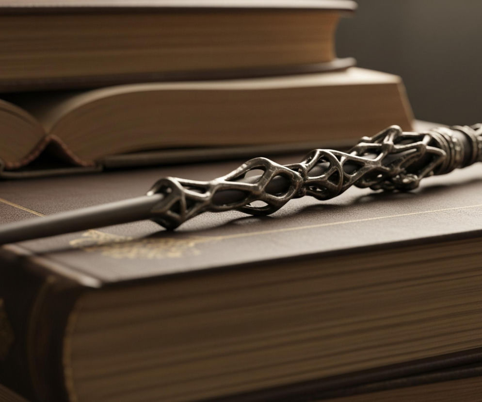 Metalowa, bogato zdobiona różdżka z rękojeścią o ażurowym, stylizowanym wzorze leży na stosie ciemnobrązowych książek. Jej szary, gładki czubek wskazuje w lewą stronę, podczas gdy rzeźbiony uchwyt z misternymi detalami znajduje się po prawej stronie. Książki mają wyraźne krawędzie stron o barwie jasnego beżu i są ułożone jedna na drugiej, z otwartym egzemplarzem pod najniższą, widoczną w pełni książką, która jest w centrum uwagi. Tło jest rozmyte, ciemnoszare.