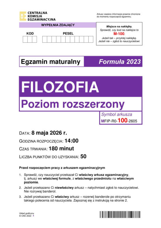 Matura 2026: filozofia 8.05.2026r. Arkusze CKE, poziom podstawowy [Formuła 2023]