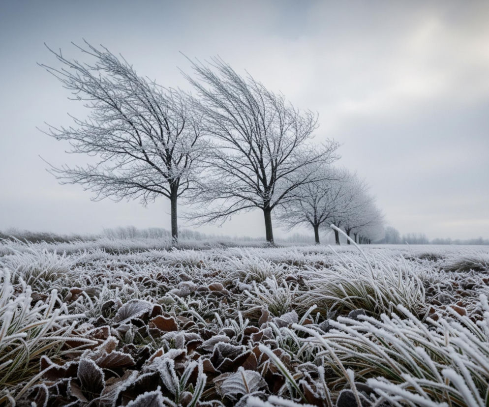 Mroźny, zimowy krajobraz. Na pierwszym planie rozciąga się pole pokryte szronem, z widocznymi źdźbłami traw oraz leżącymi liśćmi, wszystkie pokryte warstwą białego szronu. Dalej, wzdłuż horyzontu, rośnie rząd ośnieżonych, bezlistnych drzew, których gałęzie są wyraźnie pokryte białym nalotem. Niebo jest pochmurne, z dominującymi odcieniami szarości i bielą, a w prawym górnym rogu przebija się jaśniejsze światło.