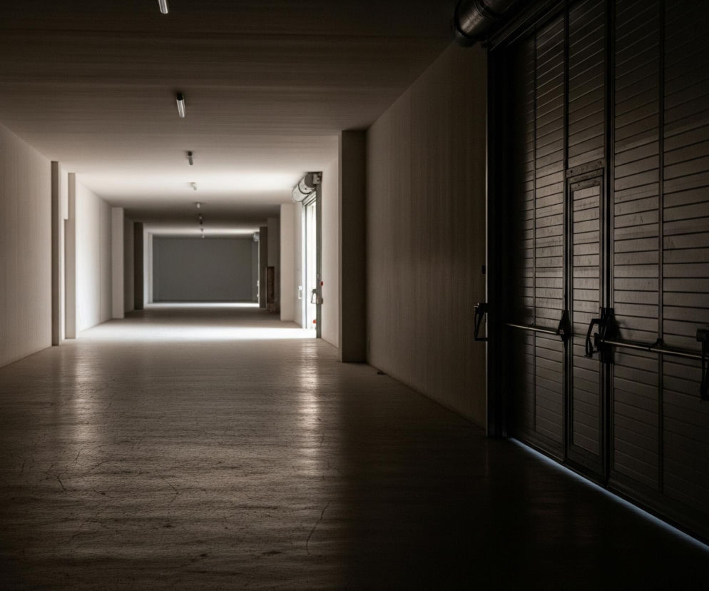 Długi, prosty korytarz rozciąga się w głąb obrazu, znikając w oddali w punkcie zbiegu linii. Na suficie widoczne są pojedyncze, podłużne lampy, tworzące ciąg świetlny. Prawa strona korytarza jest znacznie ciemniejsza, z widocznymi czterema pionowymi panelami rolety bramy garażowej, z trzema uchwytami umieszczonymi na poziomie pasa. Na lewo od bramy garażowej znajduje się jasne wejście do innego pomieszczenia, z kolejnym podobnym wejściem dalej w głąb korytarza po prawej stronie. Podłoga korytarza jest betonowa, z wyraźnymi pęknięciami i nierównościami, a jej powierzchnia odbija światło z oddali, tworząc rozjaśnioną ścieżkę.