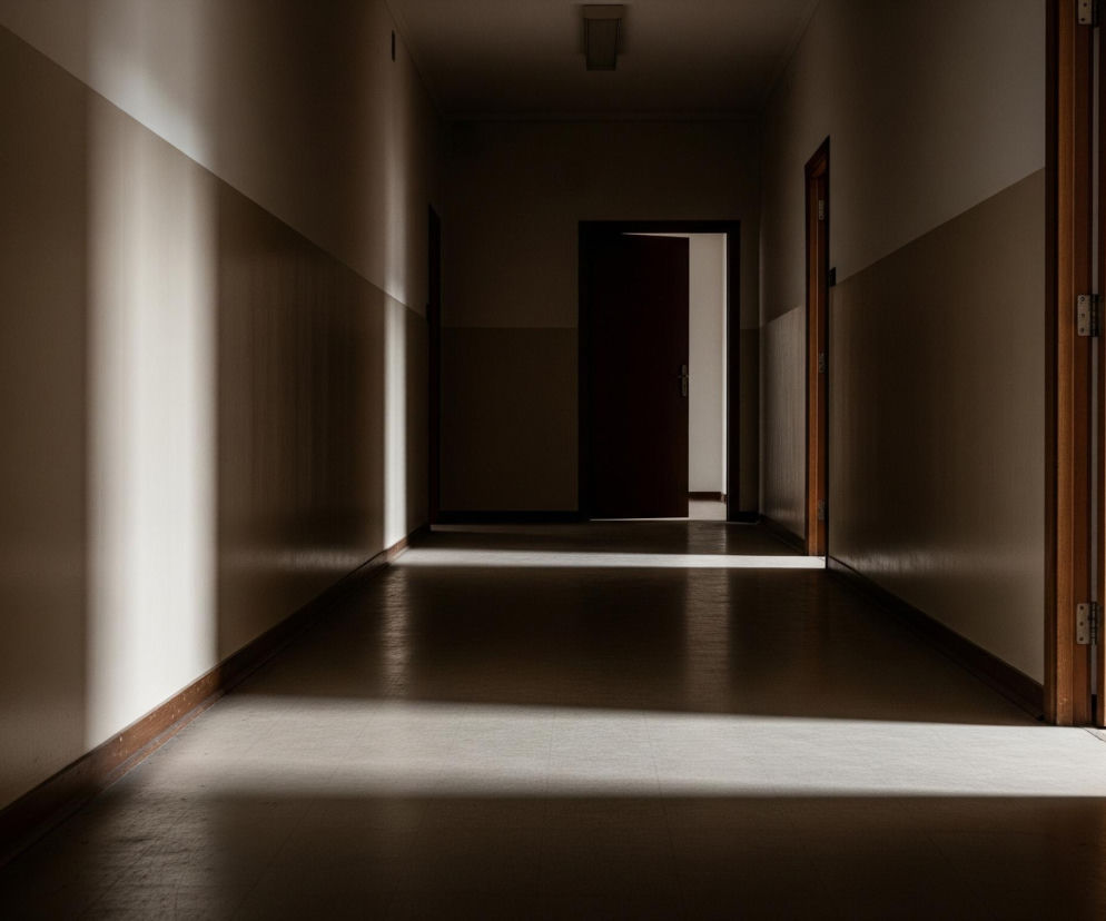 Długi, wąski korytarz rozciąga się w głąb obrazu, z dwiema ścianami po bokach i podłogą prowadzącą do niewyraźnego punktu zbiegu. Ściany są dwukolorowe: górna część jest jasno beżowa, a dolna ciemniejsza, brązowa, oddzielone wyraźną linią na wysokości około jednej trzeciej ściany od dołu. Naturalne światło wpada z lewej strony, tworząc długie, jasne pasy na lewej ścianie i podłodze, podczas gdy prawa strona korytarza pozostaje w cieniu. W tle, w centralnej części, widoczne są otwarte drzwi, przez które wpada jaśniejsze światło, podkreślające ciemne ramy drzwi. Na suficie, w pobliżu początku korytarza, znajduje się prostokątna lampa.