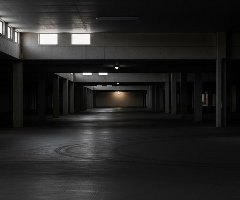 Ciemne, puste wnętrze betonowego garażu lub podziemnego parkingu. Wzdłuż lewej ściany, w górnej części kadru, biegnie szereg małych, prostokątnych okien, z których wpada rozproszone światło. Betonowe filary rozmieszczone są regularnie po obu stronach centralnego przejścia, które prowadzi w głąb kadru, stając się coraz ciemniejsze. Na wprost, w oddali, widoczny jest jasno oświetlony fragment ściany z małym, poziomym prostokątnym światłem u góry, prawdopodobnie oznaczeniem wyjścia. Na podłodze widoczne są zakrzywione ślady opon, delikatnie odbijające światło.