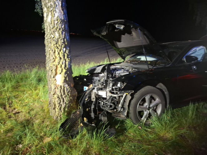 Kościaniak uderzył autem w drzewo. Chciał uniknąć zderzenia z sarną [ZDJĘCIA]