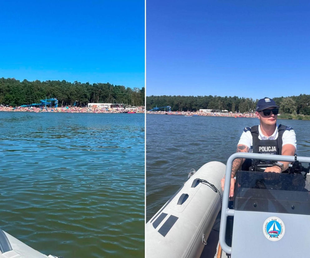 Policjant na motorówce patroluje jezioro. W tle tłoczna plaża. O zatrzymaniach na wodzie przeczytasz na Eska Leszno.