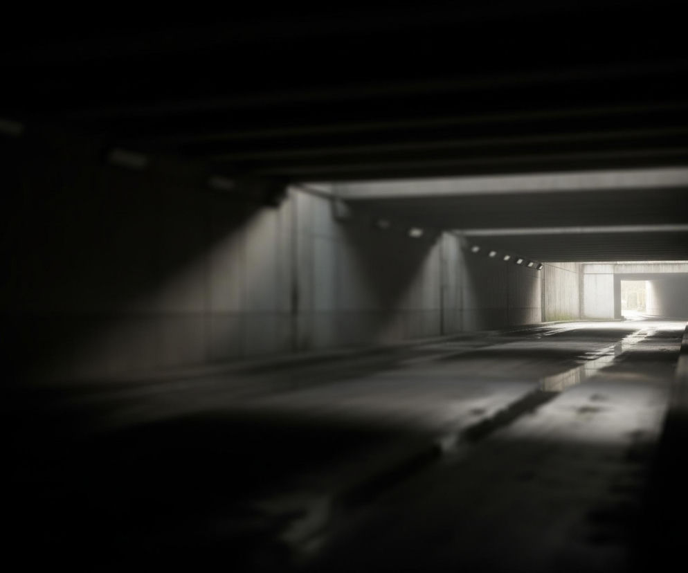 Wnętrze ciemnego, betonowego tunelu, oświetlone światłem wpadającym z otwartego końca. Po lewej stronie i w oddali widoczne są betonowe ściany z prostokątnymi wnękami i wąskimi panelami oświetleniowymi biegnącymi wzdłuż sufitu. W podłożu tunelu znajdują się kałuże wody, które odbijają światło z daleka, tworząc jasne pasy na ciemnej powierzchni. Na horyzoncie, w miejscu wylotu tunelu, widać jasne, białe światło, sugerujące wyjście na zewnątrz.