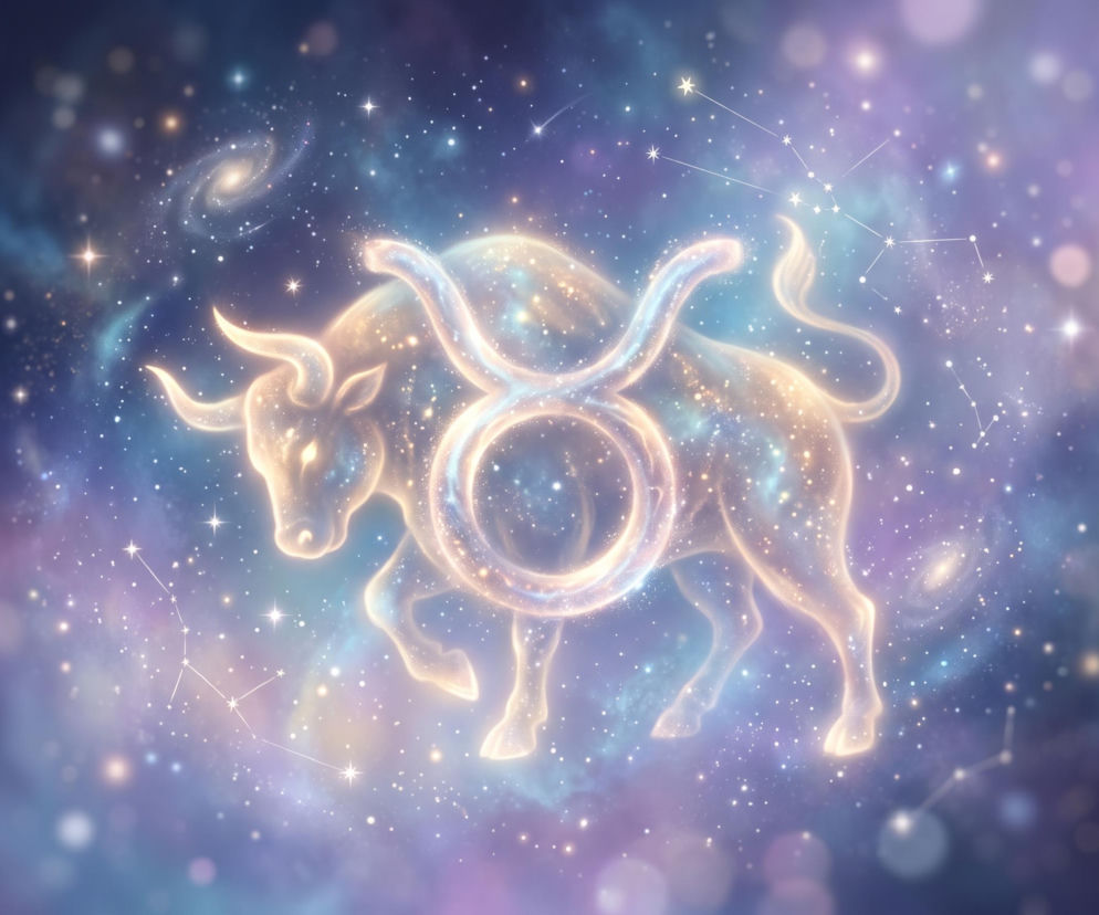 Świecąca sylwetka byka i znak zodiaku na tle gwieździstego kosmosu. Horoskop dzienny dla Byka sprawdzisz na Eska.
