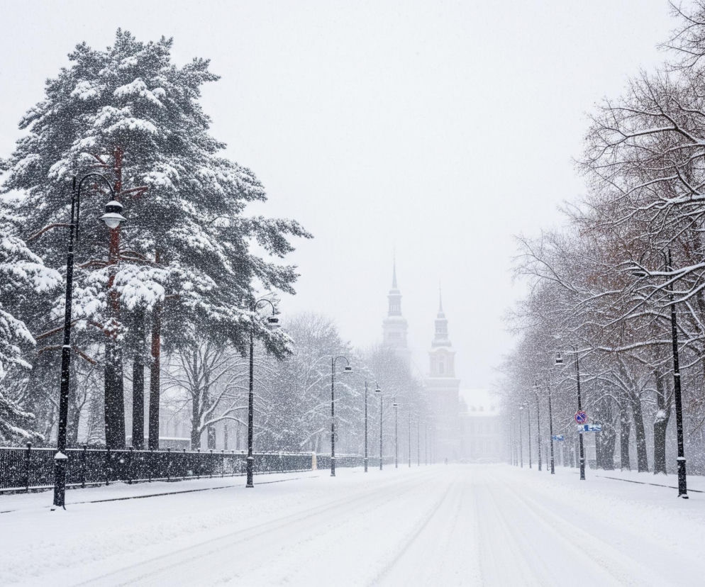 Zasypana śniegiem ulica w centrum zdjęcia biegnie prosto w kierunku odległego, niewyraźnego budynku z dwoma wieżami zwieńczonymi stożkowymi dachami. Po obu stronach ulicy rozciągają się pokryte białym puchem drzewa, przy czym po lewej stronie dominują iglaki, a po prawej nagie drzewa liściaste. Liczne, czarne latarnie uliczne, również przysypane śniegiem, regularnie rozmieszczone wzdłuż drogi, oświetlają scenę padającym obficie śniegiem, który tworzy delikatne smugi w powietrzu. Po lewej stronie, za iglakami, widoczny jest czarny, metalowy płot.