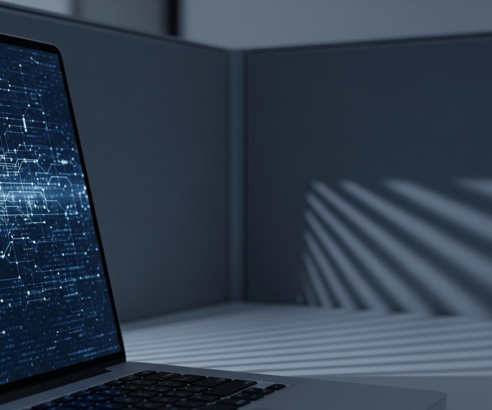 Na pierwszym planie, po lewej stronie, znajduje się otwarty laptop w kolorze jasnoszarym z czarnymi klawiszami. Ekran laptopa wyświetla abstrakcyjny wzór przypominający schemat obwodu elektronicznego, z białymi liniami, kropkami i świecącymi elementami na ciemnoniebieskim tle, z wyraźnym jasnym pasmem przechodzącym poziomo przez środek ekranu. Prawa część obrazu ukazuje szarą ścianę i powierzchnię stołu lub podłogi, na której widoczne są równoległe cienie, tworzące wrażenie światła przechodzącego przez żaluzje.