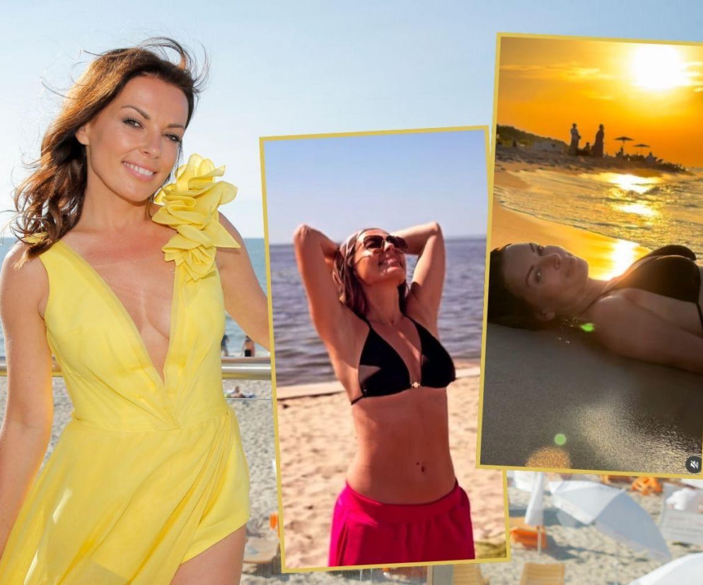 Kolaż zdjęć Katarzyny Glinki. Na pierwszym planie aktorka w żółtej sukience na tle plaży, uśmiechnięta. Pozostałe zdjęcia to Glinka w bikini na plaży, w tym jedno z zachodem słońca. Więcej o wakacjach gwiazdy przeczytasz na naszym portalu.
