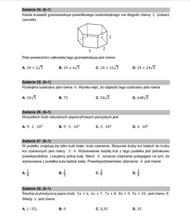 Matura poprawkowa z matematyki 2021 - zadania zamknięte 24-28 (1 punkt)