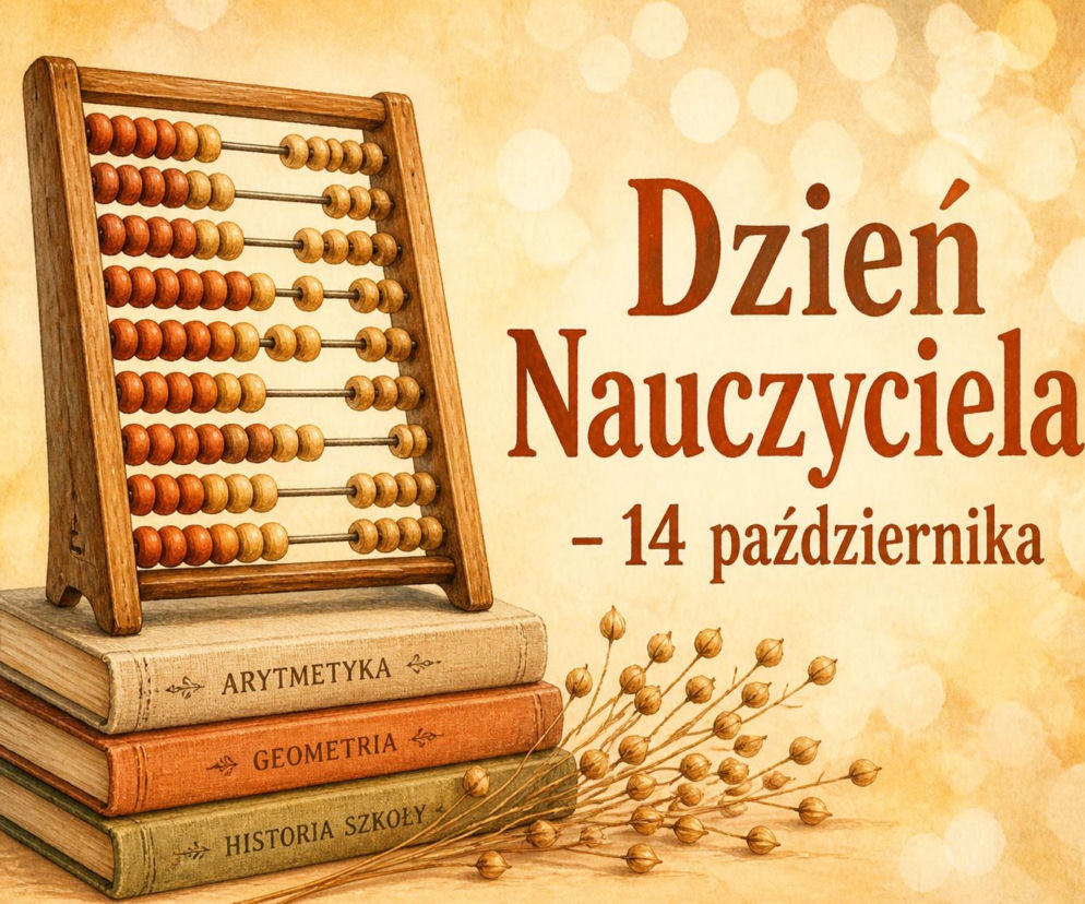 Liczydło na stosie książek obok napisu Dzień Nauczyciela 14 października. O życzeniach GIF przeczytasz na SE.