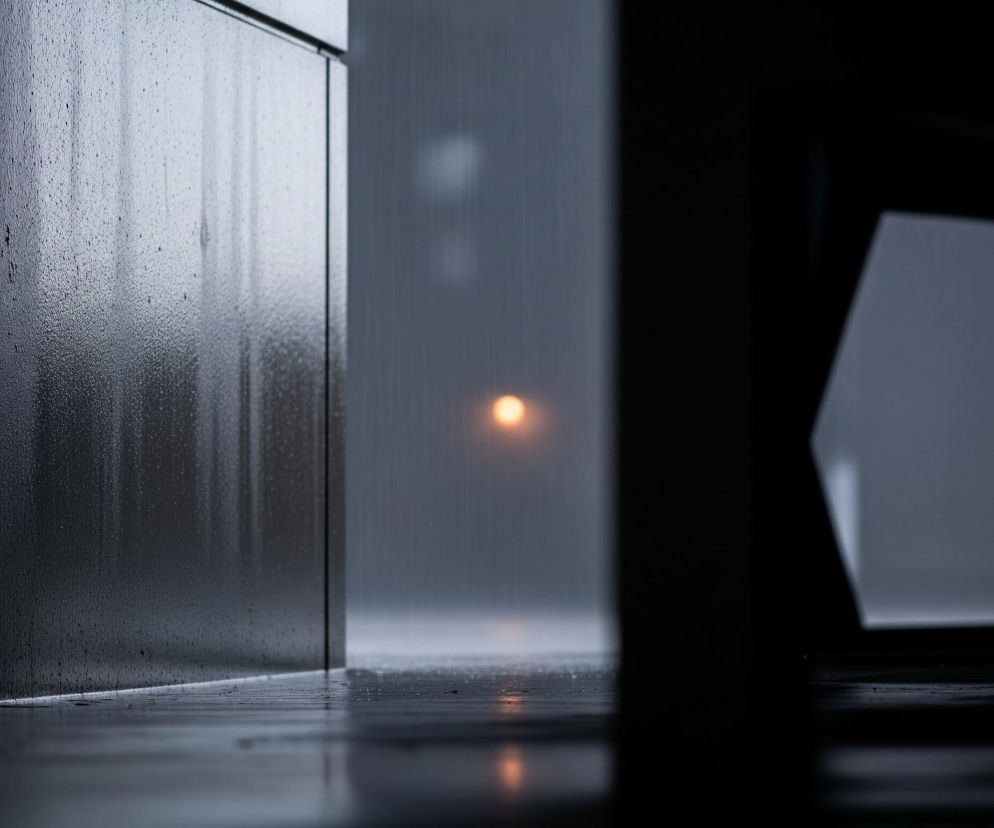 Lewa strona zdjęcia przedstawia ciemnoszarą, pionową powierzchnię pokrytą licznymi kroplami wody, z wyraźnym odbiciem światła w jej górnej części. Na prawo od tej powierzchni rozciąga się przestrzeń wypełniona deszczem, z widoczną na horyzoncie pomarańczową, rozmytą plamą światła. Prawa strona kadru jest niemal całkowicie ciemna, z wyjątkiem jasnego, nieregularnego kształtu przypominającego otwór lub okno, odbijającego światło. Cały pierwszy plan jest czarną, lśniącą powierzchnią, w której odbijają się zamazane fragmenty otoczenia.