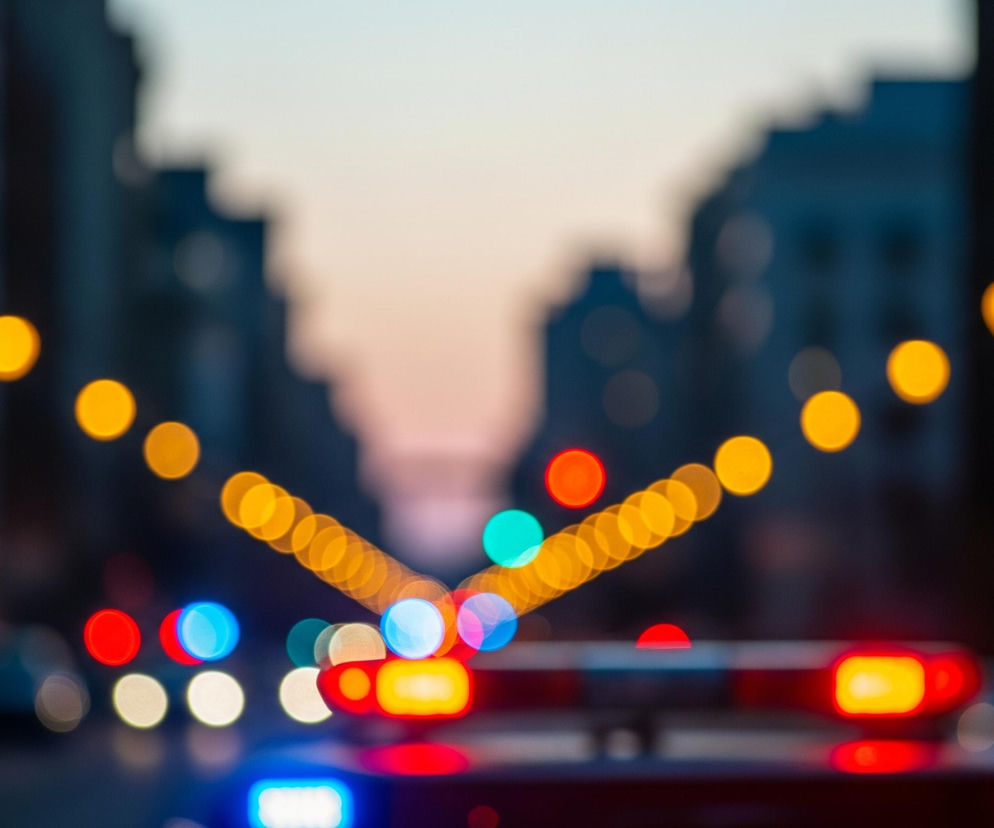 Na pierwszym planie, centralnie, widać górną część pojazdu, na której zamontowane są niebieskie i czerwone światła sygnalizacyjne. Dodatkowo, po obu stronach tylnej szyby znajdują się czerwone i żółte światła samochodowe, a po lewej stronie dolnego kadru widoczne jest niebieskie światło. Cały obraz jest nieostry, tworząc efekt bokeh, z licznymi rozmyciami świetlnymi w różnych kolorach: żółtym, czerwonym, niebieskim i turkusowym, które rozciągają się w głąb ulicy. W tle zarysowują się ciemne, rozmyte kształty budynków miejskich, a nad nimi jaśnieje beżowo-niebieskie niebo, które przechodzi w górnej części w jasny błękit.