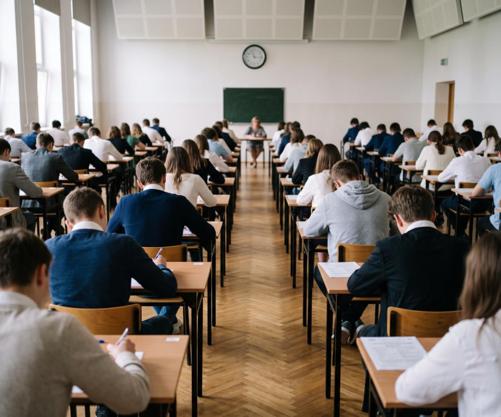 Uczniowie piszący maturę w dużej sali lekcyjnej. O arkuszu CKE z poprawki z polskiego przeczytasz na SE.