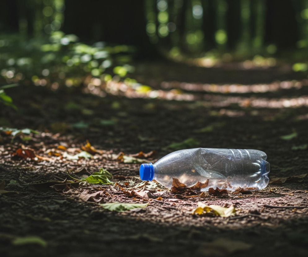 Na środku kadru leży pusta, przezroczysta, lekko zgnieciona plastikowa butelka z niebieską nakrętką, oświetlona snopem światła. Butelka spoczywa na ciemnobrązowej ziemi pokrytej suchymi liśćmi i drobnymi gałązkami. W tle widoczna jest rozmyta ścieżka leśna, otoczona drzewami o zielonym listowiu, gdzie światło przenika przez korony, tworząc jasne plamy na podłożu.