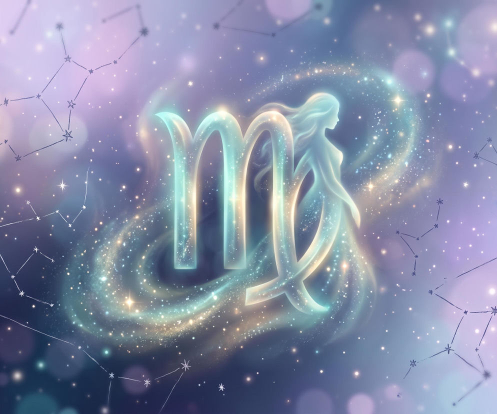 Świecący symbol znaku zodiaku Panna na tle rozgwieżdżonego nieba. O horoskopie dziennym przeczytasz na Eska.