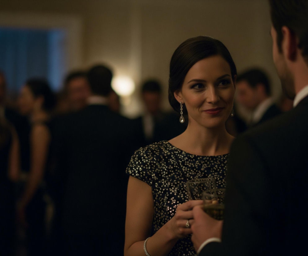 Kobieta w ciemnej, błyszczącej sukience rozmawia z mężczyzną, którego plecy są widoczne w prawym dolnym rogu. Trzyma szklankę z bursztynowym napojem i kostkami lodu, a na jej palcu widnieje pierścionek z dużym kamieniem. Kobieta ma ciemne włosy związane w kok, nauszniki w kształcie kropli z kryształkami i dyskretny makijaż, jej wzrok skierowany jest na rozmówcę, a na twarzy widnieje delikatny uśmiech. W tle, rozmyte postacie innych gości w wieczorowych strojach tworzą atmosferę przyjęcia, z dominującym niebieskim światłem z lewej strony i ciepłym, przyciemnionym oświetleniem pomieszczenia.