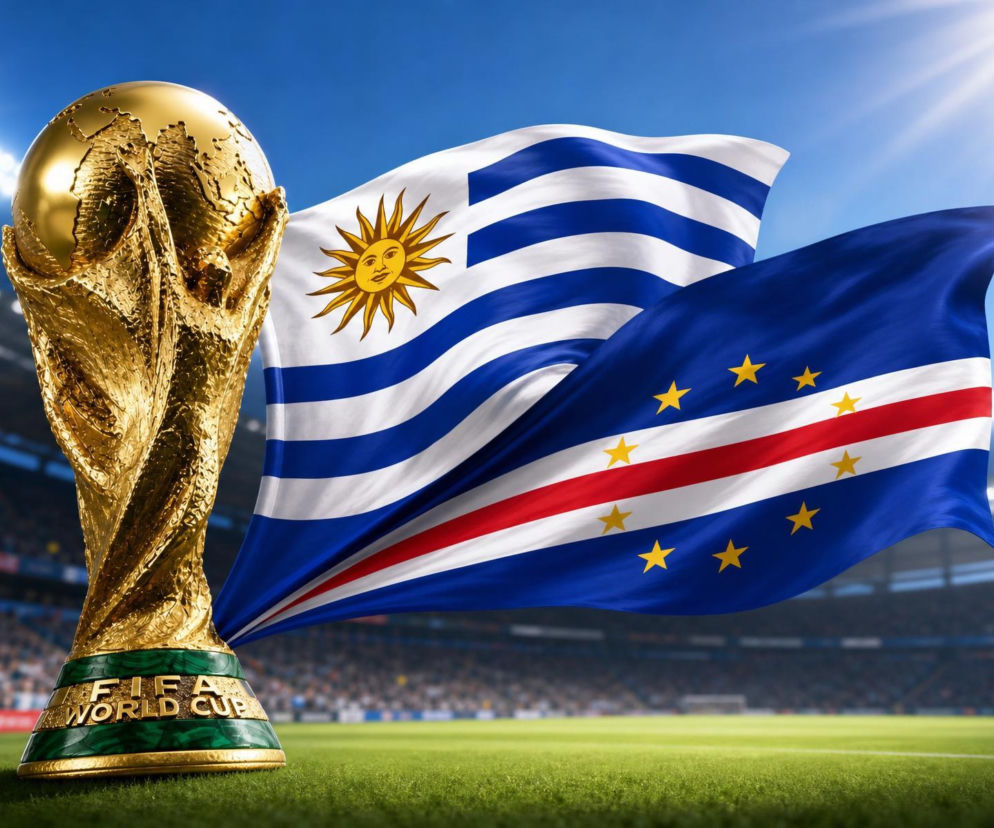 Puchar Świata FIFA oraz dwie falujące flagi: Urugwaju z niebiesko-białymi pasami i słońcem, oraz Wysp Zielonego Przylądka z niebieskim tłem, czerwonym pasem i dziesięcioma gwiazdami, na tle stadionu piłkarskiego. Wyniki meczu Urugwaj – Wyspy Zielonego Przylądka dostępne są na naszym portalu.
