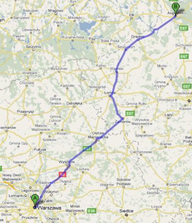 Trasa E67 i 61 Warszawa-Augustów - mapka