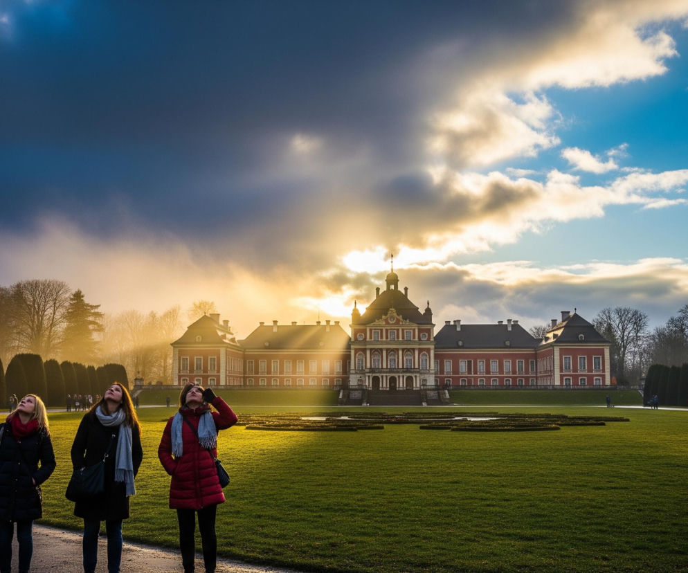 Trzy kobiety, w ciepłych kurtkach i szalikach, stoją na pierwszym planie, patrząc w górę. Za nimi rozciąga się rozległy, zielony trawnik z ozdobnymi nasadzeniami krzewów, prowadzący do imponującego, czerwonego pałacu z białymi detalami architektonicznymi i ciemnym dachem. Zza pałacu, po prawej stronie, widać intensywne promienie słoneczne przebijające się przez chmury, oświetlające część krajobrazu złotym blaskiem. Lewa strona nieba jest ciemniejsza, z cięższymi chmurami, natomiast po prawej widoczne są fragmenty błękitnego nieba z jaśniejszymi obłokami.