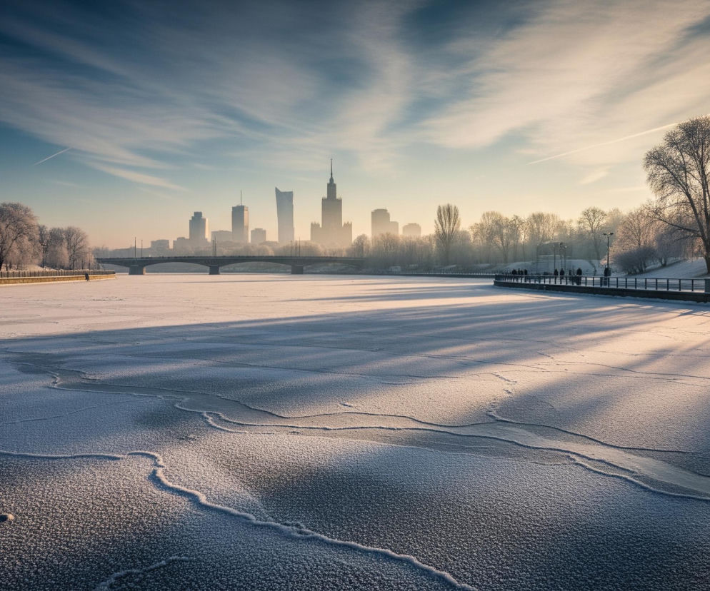 Zamarznięta rzeka pokryta białym szronem rozciąga się na pierwszym planie, z ciemniejszymi plamami lodu widocznymi między jaśniejszymi, teksturowanymi obszarami. Po prawej stronie, na pokrytym śniegiem brzegu, stoi czarna metalowa balustrada, za którą widać ośnieżone drzewa i kilka sylwetek ludzi przechadzających się wzdłuż rzeki. Na lewym brzegu, również pokrytym białym puchem, rosną nagie drzewa z gałęziami obsypanymi szronem, a za nimi mur oporowy. Na horyzoncie, w tle, widnieje panorama miasta z wysokimi budynkami i mostem rozciągającym się nad rzeką. Niebo jest częściowo zachmurzone, z promieniami słońca przebijającymi się od prawej strony, tworząc długie cienie na zamarzniętej tafli rzeki.