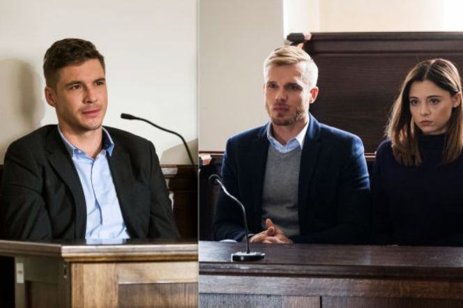 M jak miłość odc. 1362. Marcin (Mikołaj Roznerski), Artur (Tomasz Ciachorowski), Iza (Adriana Kalska)