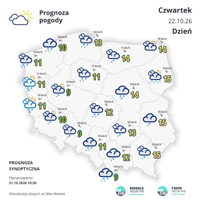 Pogoda na czwartek, 22 października, wizualizacja IMGW