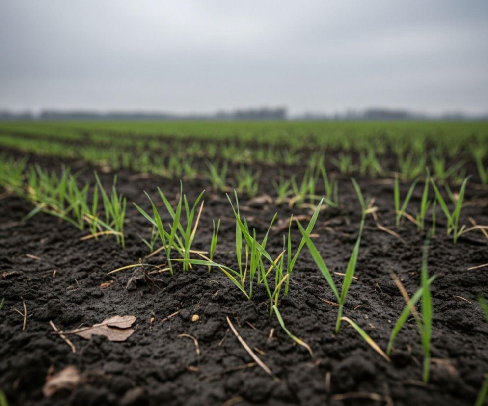 Młode zboże ozime na polu bez śniegu, w pochmurny dzień. Brak pokrywy śnieżnej grozi wymarzaniem ozimin podczas mrozów. Jak zabezpieczyć uprawy, przeczytasz na Super Biznes.