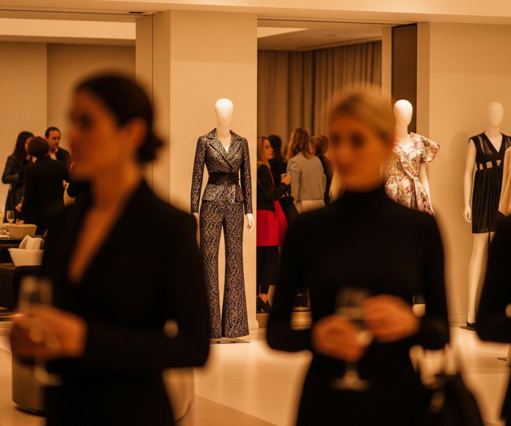 Scena przedstawia wydarzenie towarzyskie, gdzie wiele osób przechodzi lub stoi, niektóre z nich trzymają kieliszki z napojami. Na pierwszym planie, rozmyte postacie ludzi, w tym jedna kobieta w ciemnym stroju z krótkimi włosami po prawej i inna kobieta z ciemnymi włosami z kokiem po lewej, zajmują znaczną część kadru. W tle, na równomiernie oświetlonych ścianach w kolorze kremowym lub jasnobrązowym, widoczne są manekiny ubrane w eleganckie stroje, takie jak czarny kombinezon ze wzorem, sukienka w kwiaty, czarna sukienka i błyszcząca złota sukienka. Dalsza przestrzeń wypełniona jest rozmytymi sylwetkami innych uczestników wydarzenia oraz fragmentami wnętrz z meblami, stołami i zasłonami w tle, wszystko w ciepłej, przyciemnionej tonacji.
