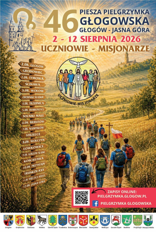 Plakat 46. Pieszej Pielgrzymki Głogowskiej z planem trasy i informacjami o zapisach, o czym informuje Radioplus.