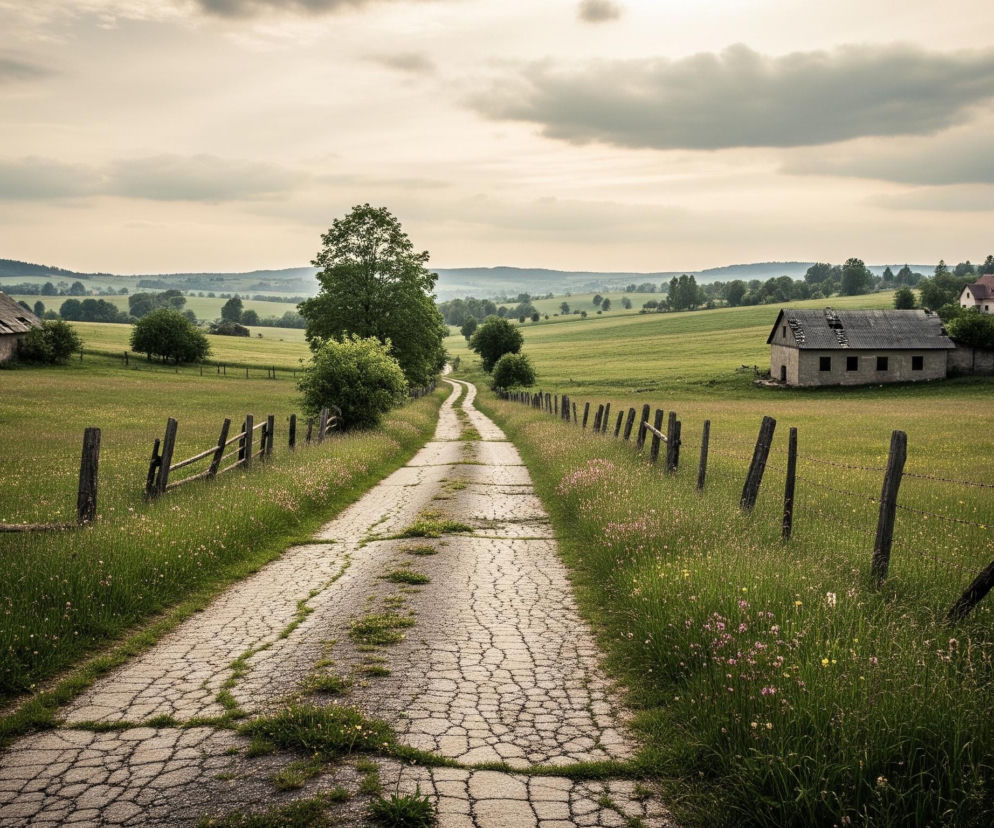 Długa, wąska, popękana, kamienista ścieżka biegnie przez środek pola, znikając w oddali między wzgórzami. Po obu stronach drogi rozciągają się zielone pola, pełne wysokiej trawy i kwitnących, drobnych, żółtych i fioletowych kwiatów, oddzielone od ścieżki drewnianymi płotami z drutem kolczastym. Na polach widać kilka starych, kamiennych domów z ciemnymi, spadzistymi dachami i małymi oknami, niektóre z widocznymi zniszczeniami. Horyzont wypełniają rzędy zielonych wzgórz, a nad nimi rozciąga się zachmurzone niebo w odcieniach szarości i beżu.