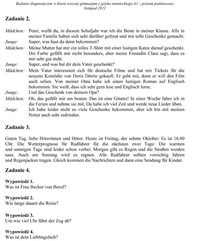 Próbny egzamin gimnazjalny 2013 - język niemiecki poziom podstawowy