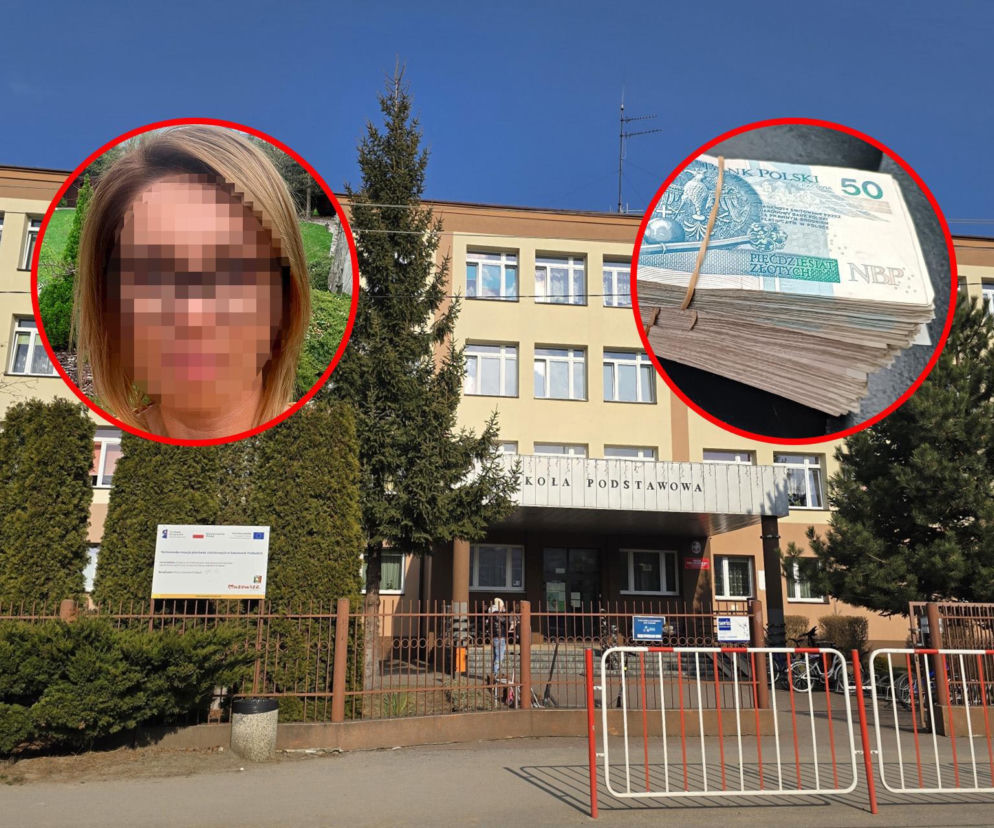 Budynek szkoły. Obok na miniaturach twarz oskarżonej oraz plik pieniędzy. O aferze w Sokołowie przeczytasz na SE.
